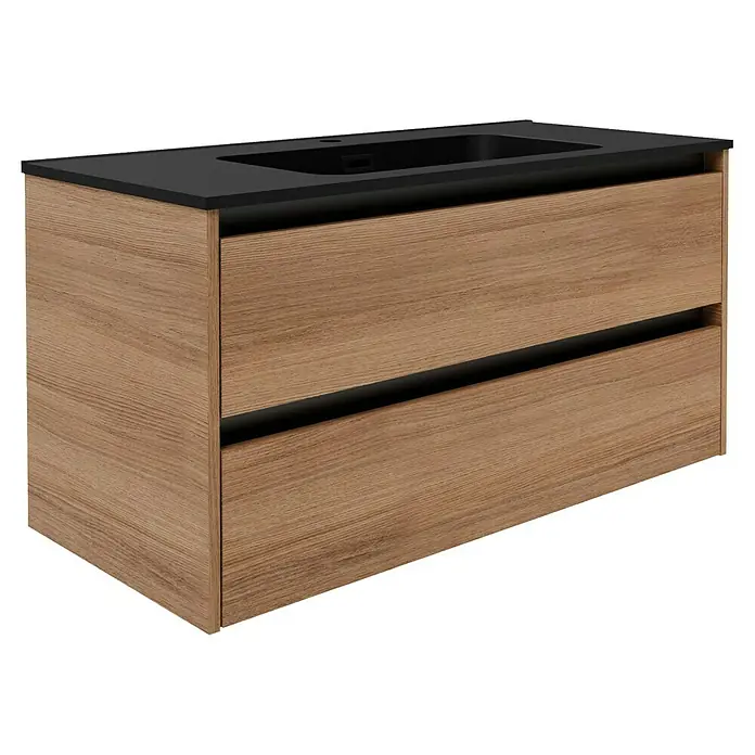 Fackelmann Vita Waschtischunterschrank - B x T x H: 100 x 46 x 50 cm, Summer Oak/Schwarz, Farbe Griff: Schwarz - Elegantes Waschbecken mit Unterschrank in Holzoptik und schwarzer Arbeitsplatte. Stilvolles Design für jedes Badezimmer.