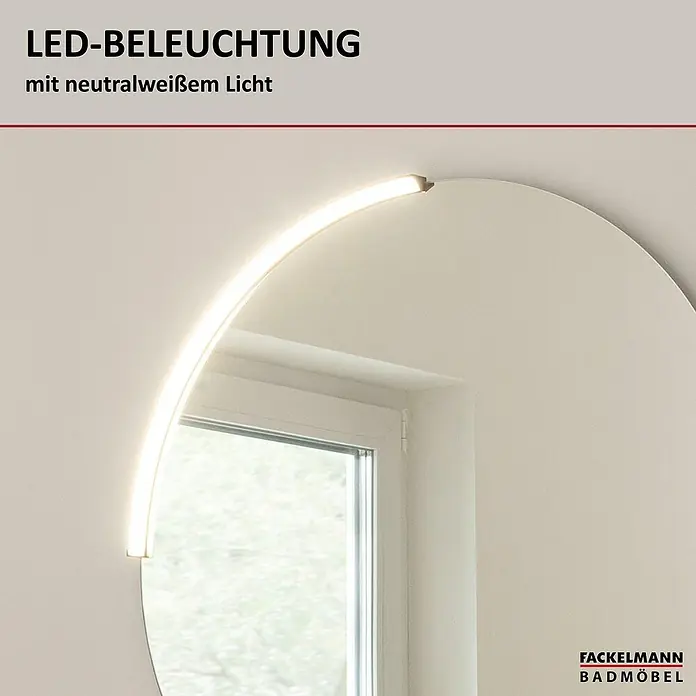 Fackelmann Compact Line LED-Lichtspiegel rund - Tiefe: 3,7 cm, Durchmesser: 80 cm, LED - Nahaufnahme eines runden Spiegels mit LED-Beleuchtung, der ein helles, neutralweißes Licht ausstrahlt und für eine elegante Badezimmeratmosphäre sorgt.