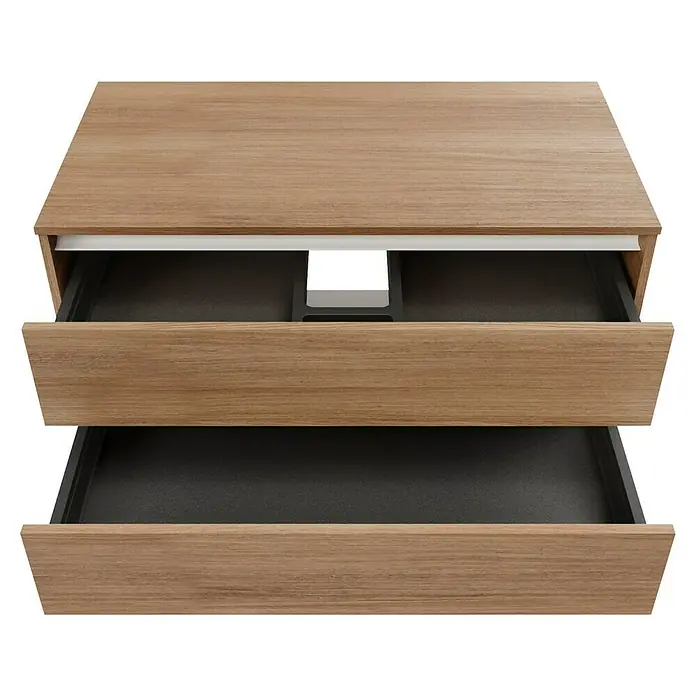 Fackelmann Vita Waschtischunterschrank - B x T x H: 100,4 x 46,5 x 51,4 cm, Summer Oak/Weiß - Offene Holzschubladen mit grauem Innenraum und weißer Oberseite präsentieren ein modernes und funktionales Design für stilvolle Aufbewahrungslösungen.