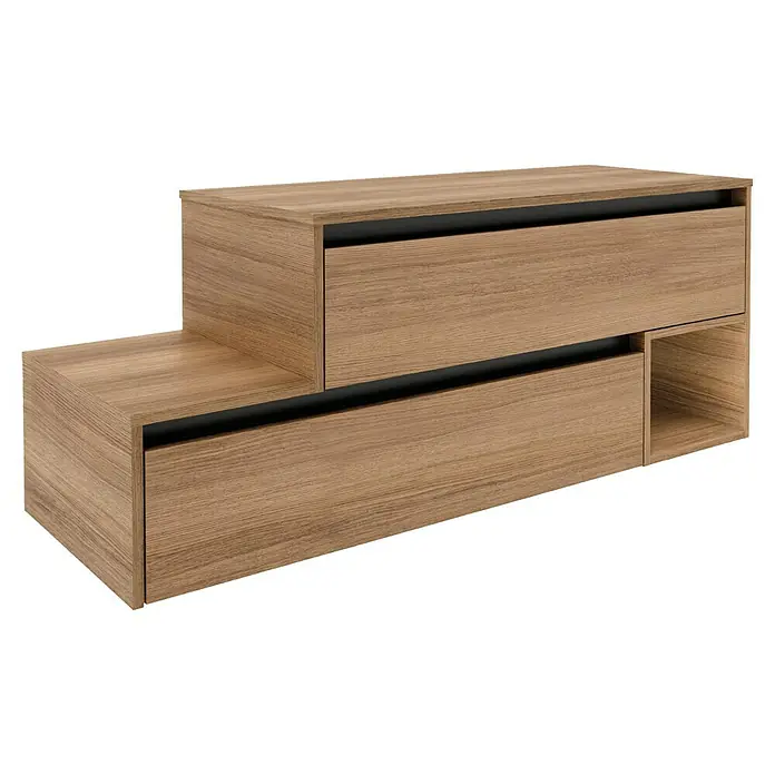 Fackelmann Vita Waschtischunterschrank - B x T x H: 128,7 x 46,5 x 51,6 cm, Summer Oak/Schwarz, Farbe Griff: Schwarz, Offenes Fach rechts - Moderne, zweistufige Kommode in Holzoptik mit Schubladen und offenem Fach zur stilvollen Aufbewahrung im Wohnbereich.