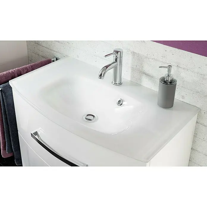 Fackelmann Verona Einbauwaschbecken - B x L: 80,1 x 46,2 cm, Hahnloch: Mitte, Mit Überlauf, Weiß, Aus Glas - Elegantes Waschbecken mit moderner Armatur und grauem Seifenspender. Die perfekte Ergänzung für jedes Badezimmer.