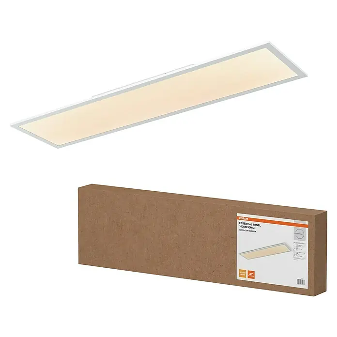 Ledvance Essential LED-Panel - 24 W, L x B x H: 100 x 25 x 6 cm, Weiß, Warmweiß - Osram LED-Panel Essential 1000x250mm, das eine helle und effiziente Beleuchtungslösung bietet, sowie die zugehörige Verpackung.