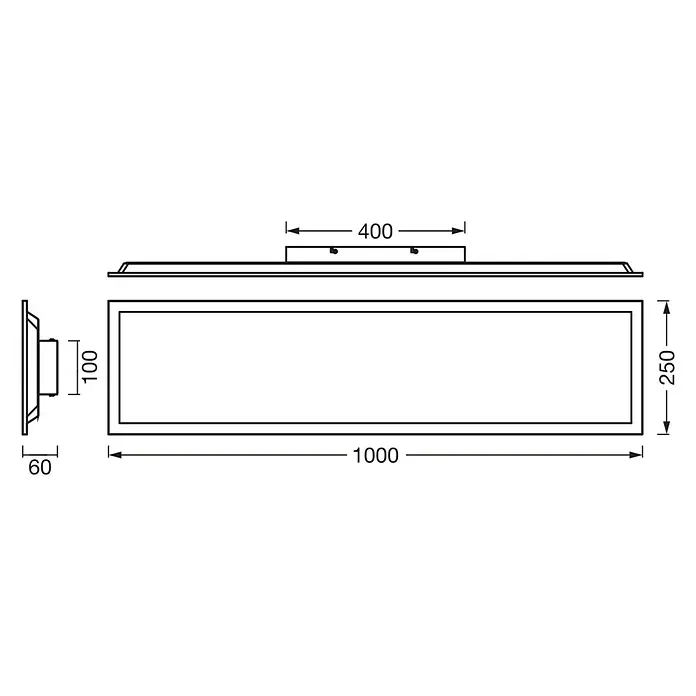 Ledvance Essential LED-Panel - 24 W, L x B x H: 100 x 25 x 6 cm, Weiß, Kaltweiß - Produktbild mit Maßangaben. Die Maße sind 1000x250x60, der Deckel ist 400 breit und die Box hat eine Höhe von 100.