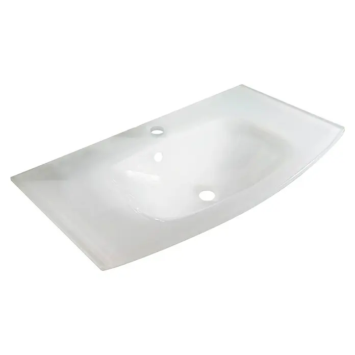Fackelmann Verona Einbauwaschbecken - B x L: 80,1 x 46,2 cm, Hahnloch: Mitte, Mit Überlauf, Weiß, Aus Glas - Ein hochglänzendes weißes Waschbecken mit modernem Design, perfekt für jedes Badezimmer. Die glatte Oberfläche sorgt für einfache Reinigung und ein stilvolles Aussehen.