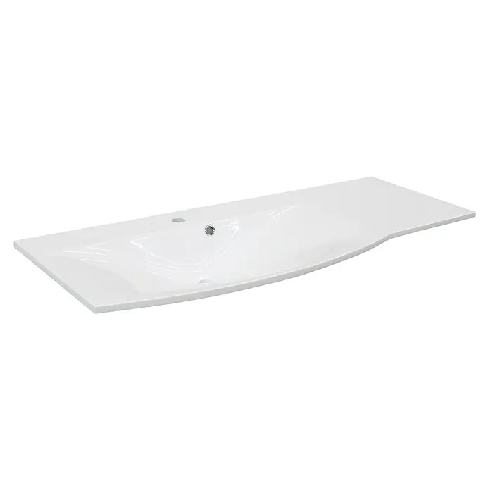 Fackelmann Verona Einbauwaschbecken - 115 cm x 46 mm, Hahnloch: Mitte, Mit Überlauf, Weiß, Ablage rechts - Das Bild zeigt ein modernes, weißes Waschbecken. Das Waschbecken hat ein elegantes Design und eine glänzende Oberfläche, perfekt für jedes Badezimmer.