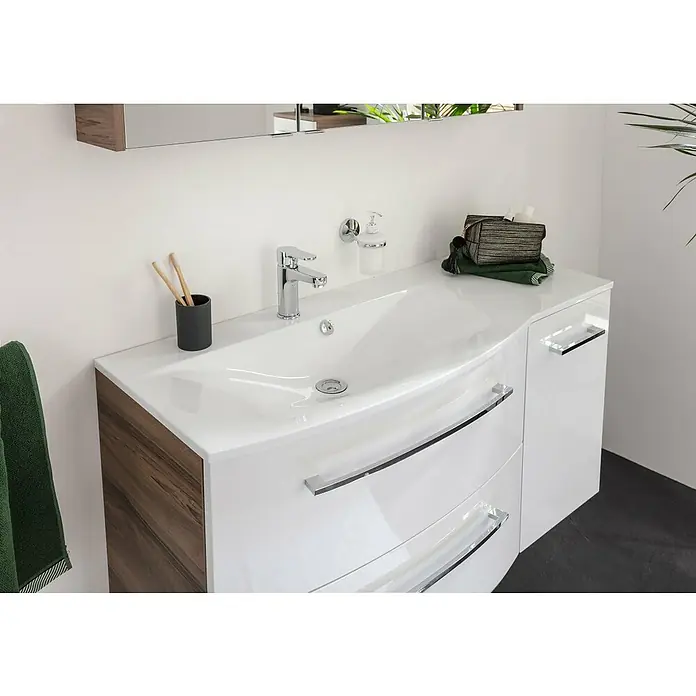 Fackelmann Verona Einbauwaschbecken - 115 cm x 46 mm, Hahnloch: Mitte, Mit Überlauf, Weiß, Ablage rechts - Ein stilvolles Badezimmerwaschbecken mit Unterschrank, das modernes Design und Funktionalität vereint. Das glänzende Weiß harmoniert perfekt mit Holzakzenten.