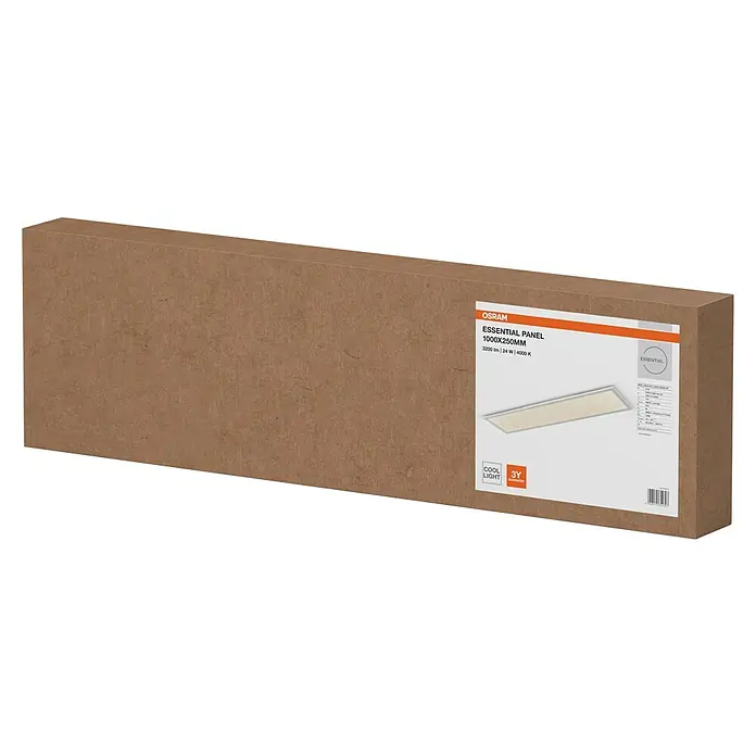 Ledvance Essential LED-Panel - 24 W, L x B x H: 100 x 25 x 6 cm, Weiß, Kaltweiß - Ein Karton mit einem Osram Essential Panel 1000x250mm, einer energieeffizienten LED-Beleuchtungslösung für Büros oder Wohnräume, ist abgebildet.