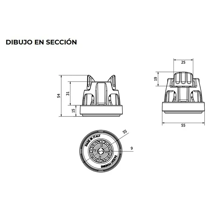 Dakota Sistema de nivelación - 50 ud. - Dibujo técnico de un soporte de dispositivo con dimensiones. Las vistas detalladas muestran las dimensiones y detalles constructivos.