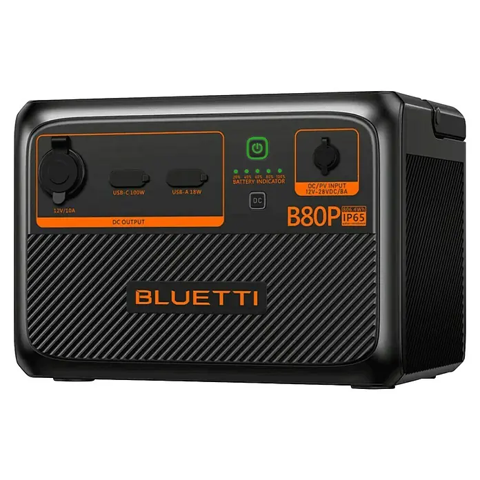 Bluetti Batteriespeicher B80P - Akkuleistung: 0,8 kWh - Tragbare Bluetti B80P Powerstation mit diversen Anschlüssen und Batterieanzeige für Camping und Outdoor-Aktivitäten.