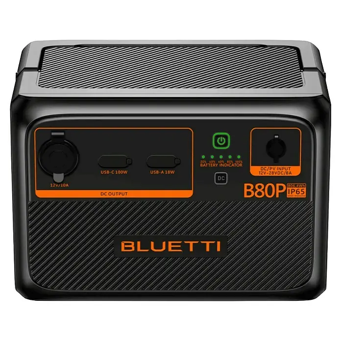 Bluetti Batteriespeicher B80P - Akkuleistung: 0,8 kWh - Abbildung eines tragbaren Bluetti B80P-Kraftwerks mit mehreren Anschlüssen, Batterieanzeige und robustem Design für den Außenbereich.