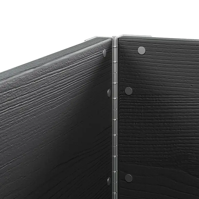 Upyard Huerto de 3 niveles - 120 x 80 x 58,5 cm, Madera, Negro, Capacidad volumétrica: 301,8 l - Vista detallada de una esquina de una caja de madera negra con bisagras resistentes, que garantizan la longevidad.