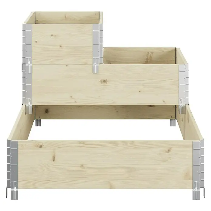 Upyard Hochbeet 3 Ebenen - 120 x 80 x 58,5 cm, Holz, Natur, Fassungsvermögen: 301,8 l - Das Bild zeigt ein mehrstöckiges Hochbeet aus hellem Holz mit silberfarbenen Verbindungselementen. Ideal für Gartenliebhaber.