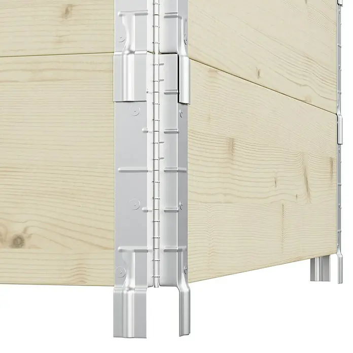 Upyard Hochbeet 3 Ebenen - 120 x 80 x 58,5 cm, Holz, Natur, Fassungsvermögen: 301,8 l - Detailansicht einer Hochbeet-Konstruktion aus hellem Holz mit stabilisierenden Metallecken und Verbindungselementen. Solide Bauweise für den Garten.