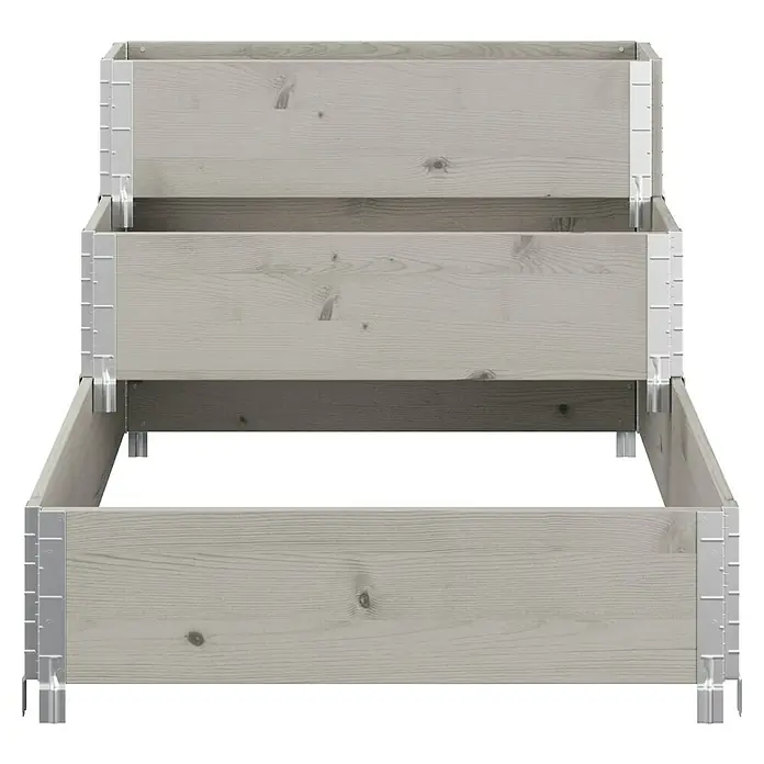Upyard Hochbeet 3 Ebenen - 120 x 80 x 58,5 cm, Holz, Grau, Fassungsvermögen: 302,4 l - Das Bild zeigt ein dreistufiges Hochbeet aus hellem Holz mit metallischen Verbindungselementen, ideal für den Garten.