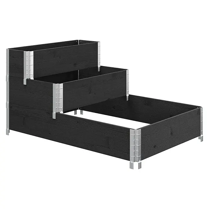 Upyard Hochbeet 3 Ebenen - 120 x 80 x 58,5 cm, Holz, Schwarz, Fassungsvermögen: 302,4 l - Ein dreistufiger, schwarzer Hochbeet-Pflanzkasten aus Holz mit silberfarbenen Eckverbindungen, ideal für den Garten oder die Terrasse.