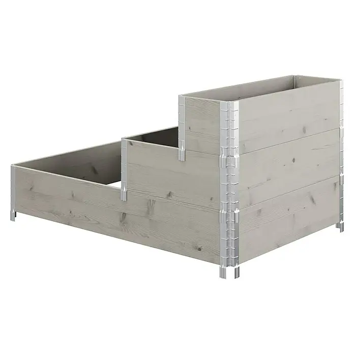 Upyard Huerto de 3 niveles - 120 x 80 x 58,5 cm, Madera, Gris, Capacidad volumétrica: 302,4 l - El producto es un jardín elevado escalonado hecho de madera clara con esquinas metálicas resistentes, ideal para el jardín o la terraza.