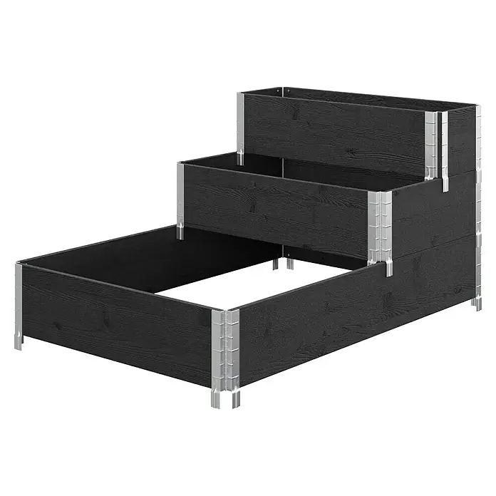 Upyard Hochbeet 3 Ebenen - 120 x 80 x 58,5 cm, Holz, Schwarz, Fassungsvermögen: 302,4 l - Ein dreistufiges, schwarzes Hochbeet mit silberfarbenen Eckverbindungen, ideal für Gartenliebhaber mit wenig Platz.