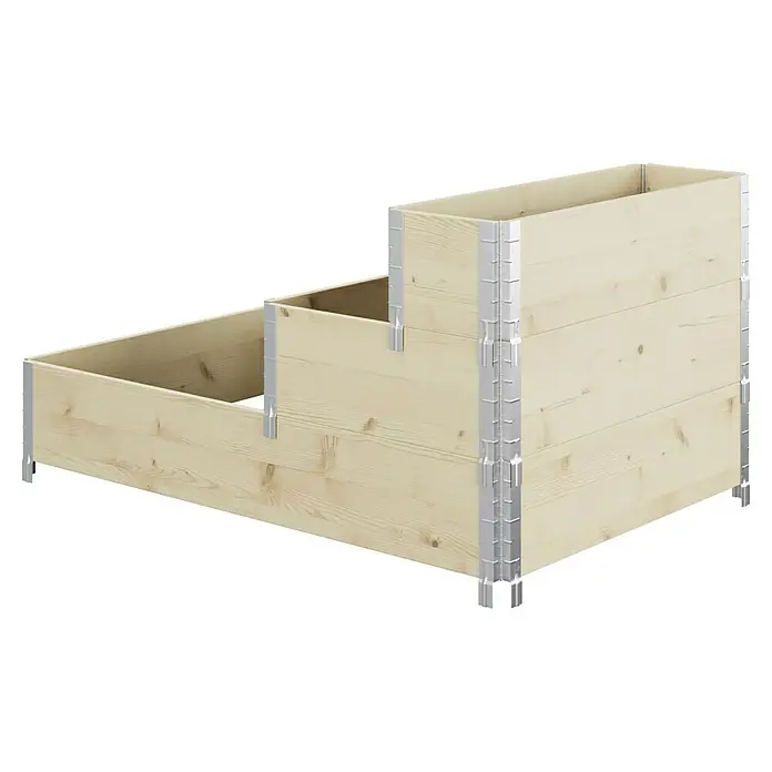 Upyard Huerto de 3 niveles - 120 x 80 x 58,5 cm, Madera, Natural, Capacidad volumétrica: 302,4 l - Esta imagen muestra un huerto elevado de madera con múltiples niveles y esquinas metálicas estabilizadoras, ideal para espacios pequeños.