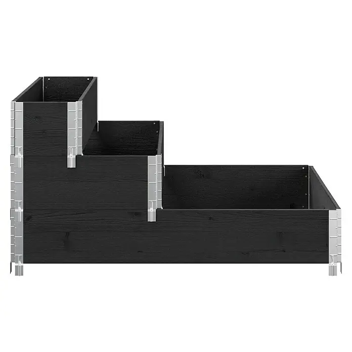 Upyard Hochbeet 3 Ebenen - 120 x 80 x 58,5 cm, Holz, Schwarz, Fassungsvermögen: 302,4 l - Das Bild zeigt einen modernen, schwarzen Pflanzkasten mit silbernen Metallecken. Der Pflanzkasten hat mehrere Ebenen.