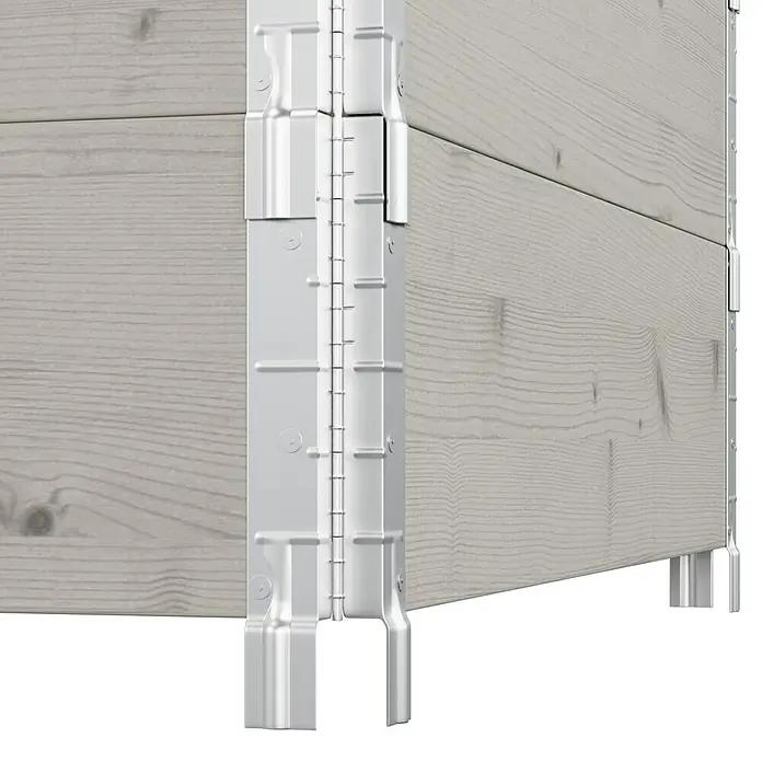 Upyard Hochbeet 3 Ebenen - 120 x 80 x 58,5 cm, Holz, Grau, Fassungsvermögen: 301,8 l - Nahaufnahme eines Hochbeets mit Metallverstärkungen. Das robuste Design unterstreicht die Langlebigkeit des Produkts.