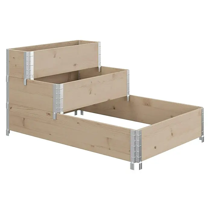 Upyard Hochbeet 3 Ebenen - 120 x 80 x 58,5 cm, Holz, Braun, Fassungsvermögen: 302,4 l - Dieses Bild zeigt ein dreistufiges Hochbeet aus hellem Holz mit stabilen Metallverbindungen, ideal für den Garten.