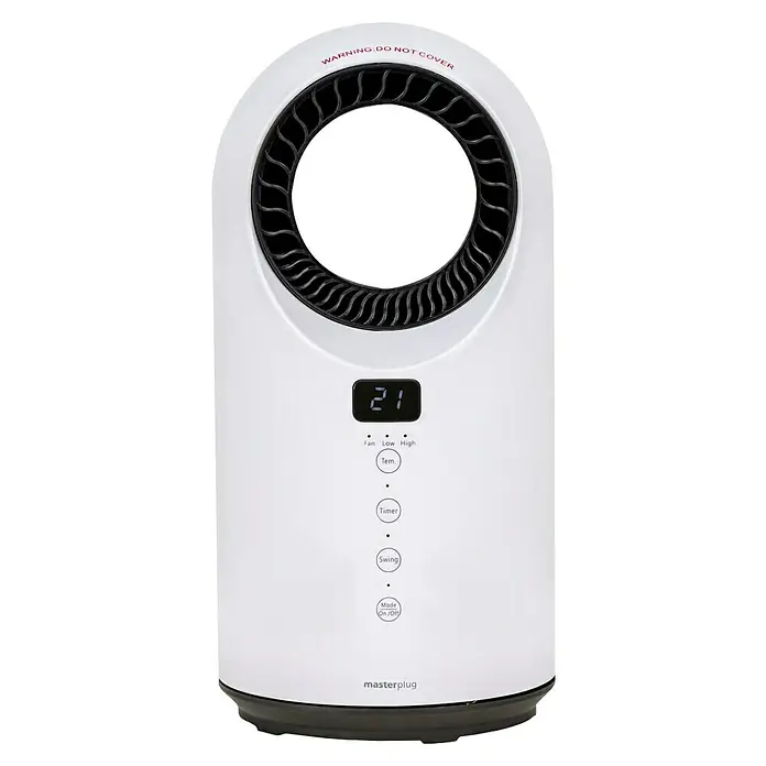 Masterplug Calefactor cerámico y Ventilador Breeze - 1.500 W, Blanco, 18 x 18 x 36,9 cm - Primer plano de un calefactor Masterplug con pantalla digital y panel de control, ideal para calentar habitaciones de forma rápida y eficiente.