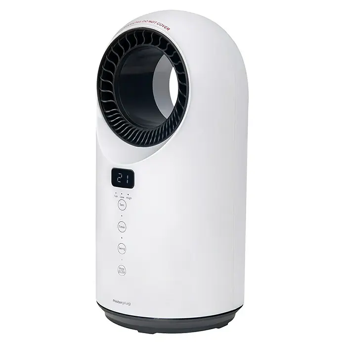 Masterplug Calefactor cerámico y Ventilador Breeze - 1.500 W, Blanco, 18 x 18 x 36,9 cm - Imagen de un calefactor Masterplug en blanco, que muestra su diseño compacto, pantalla digital y botones de control para ventilador, temperatura, temporizador y oscilación.