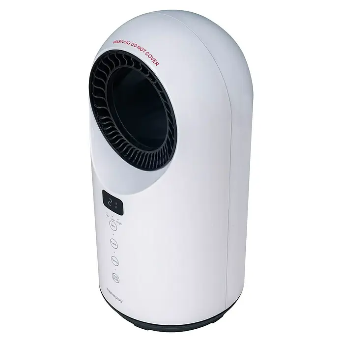 Masterplug Calefactor cerámico y Ventilador Breeze - 1.500 W, Blanco, 18 x 18 x 36,9 cm - Imagen de un calefactor blanco con pantalla digital, ajustes de ventilador y función de temporizador, ideal para calentar cualquier espacio.