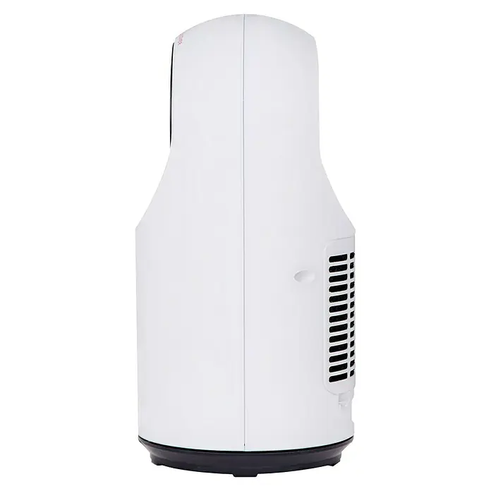 Masterplug Calefactor cerámico y Ventilador Breeze - 1.500 W, Blanco, 18 x 18 x 36,9 cm - Vista lateral de un aire acondicionado portátil blanco con ranuras de ventilación. Ideal para enfriar espacios pequeños en días calurosos.