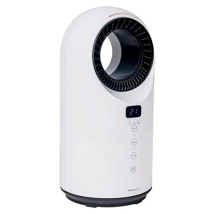 Masterplug Calefactor cerámico y Ventilador Breeze - 1.500 W, Blanco, 18 x 18 x 36,9 cm - Imagen de un termoventilador de torre Masterplug blanco con pantalla digital y varios botones de función.