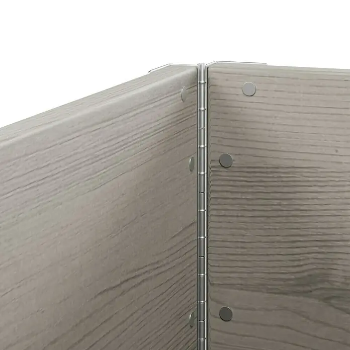 Upyard Hochbeet 3 Ebenen - 120 x 80 x 58,5 cm, Holz, Grau, Fassungsvermögen: 301,8 l - Detailaufnahme von zwei Holztüren, die mit einem durchgehenden Scharnier verbunden sind, mit sichtbaren Schraubenköpfen.