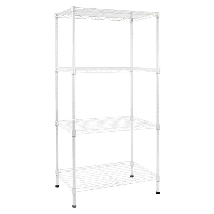 Floordirekt Gitterregal Rocky - H x B x T: 200 x 45 x 90 cm, Traglast pro Boden: 50 kg, Anzahl Böden: 5 Stk., Stecken, Weiß - Ein freistehendes, silbernes Regal mit vier Ablagen. Das Metallregal eignet sich ideal zur Aufbewahrung von Gegenständen in verschiedenen Umgebungen.