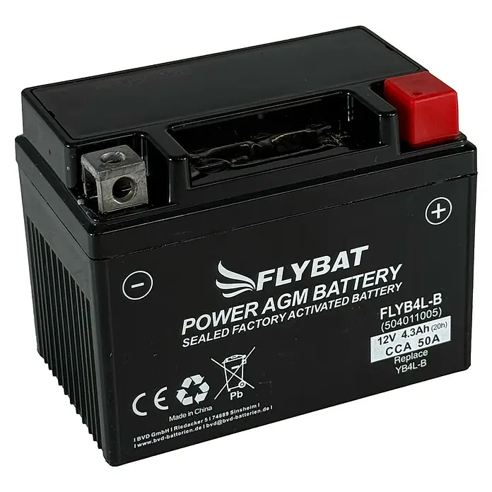 FlyBat Motorradbatterie Power AGM FLYB4L-B - 4,3 Ah, 12 V, 11,3 x 7 x 8,7 cm - FLYBAT AGM Batterie, versiegelt und werkseitig aktiviert, bietet zuverlässige Leistung für Motorräder und andere Anwendungen.