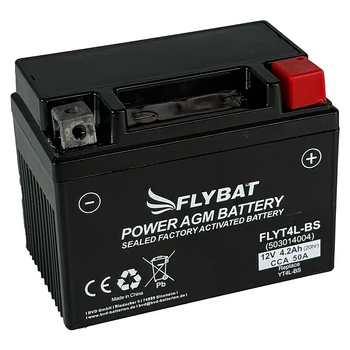 FlyBat Motorradbatterie Power AGM FLYT4L-BS - 4,2 Ah, 12 V, 11,3 x 7 x 8,5 cm - FLYBAT AGM-Batterie, 12V 4.2Ah, einbaufertig und zuverlässig. Ideal für Motorräder und Roller, bietet hohe Startleistung und lange Lebensdauer.