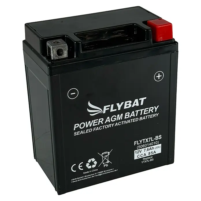 FlyBat Motorradbatterie Power AGM FLYTX7L-BS - 7,6 Ah, 12 V, 15 x 8,6 x 9,4 cm - Abbildung einer FLYBAT FLYTX7L-BS AGM-Batterie, versiegelt und werkseitig aktiviert, mit 12V, 7.6Ah und 85A CCA.