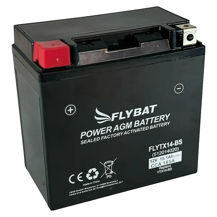 FlyBat Motorradbatterie Power AGM FLYTX14-BS - 15,1 Ah, 12 V, 15 x 8,6 x 14,5 cm - Das Bild zeigt eine schwarze FLYBAT POWER AGM-Batterie, eine verschlossene, werkseitig aktivierte Batterie.