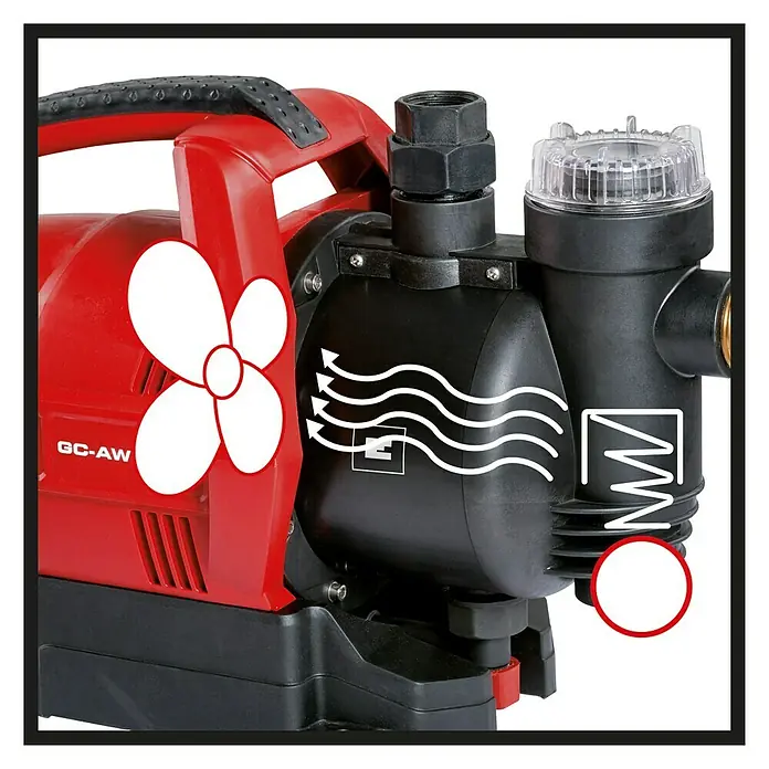Einhell Hauswasserautomat GC-AW 6333 - 630 W, Max. Fördermenge: 3.300 l/h, Max. Druck: 3,6 bar - Nahaufnahme der Hauswasserpumpe GC-AW von Einhell, die Zuverlässigkeit und Leistung für die Wasserversorgung im Haus bietet.