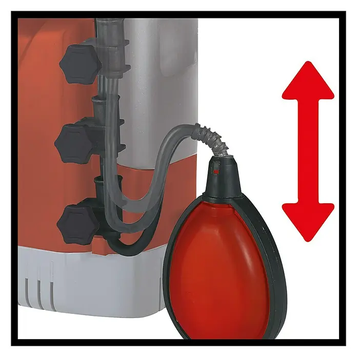 Einhell Regenfasspumpe GE-SP 3546 RB - Leistung: 350 W, Max. Fördermenge: 4.600 l/h - Ein roter Schwimmer mit einem schwarzen Gehäuse an einem Behälter mit Einstellknöpfen, mit einem roten Auf- und Abwärtspfeil.