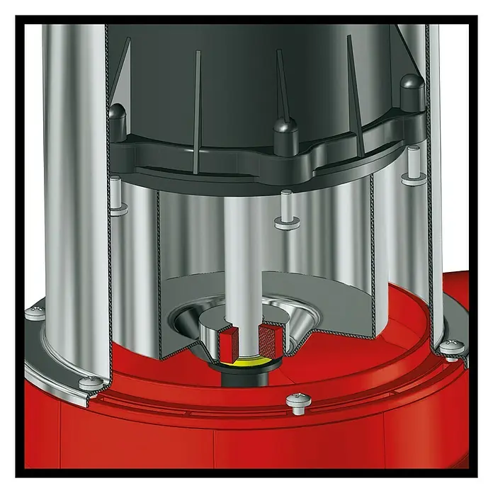 Einhell Klarwasser-Tauchpumpe GE-SP 4390 N-A LL ECO - 430 W, Max. Fördermenge: 9.000 l/h - Ansicht eines Tauchpumpe-Modells. Die Konstruktion zeigt die internen Komponenten mit schwarzer Elektronik, roter Basis und silbernen Elementen.