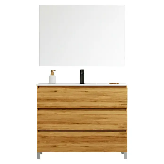 Conjunto de mueble de baño Inter - Ancho: 100 cm, Roble, 3 pzs. - Un elegante tocador de madera con tres cajones y un lavabo sobre encimera blanco con grifo y espejo encima.