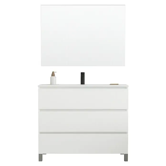 Conjunto de mueble de baño Inter - Ancho: 100 cm, Blanco, 3 pzs. - Lavabo de baño moderno con tres cajones y un espejo grande para un ambiente elegante.