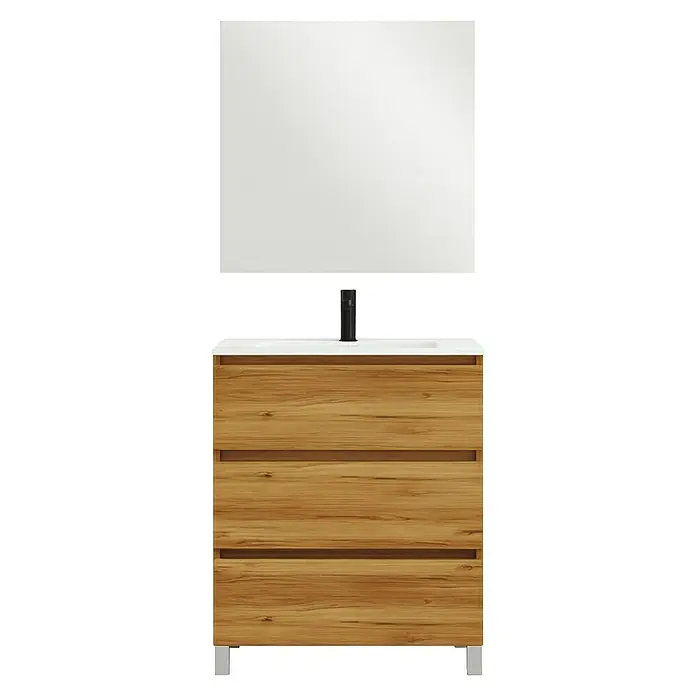 Conjunto de mueble de baño Inter - Ancho: 60 cm, Roble, 3 pzs. - Mueble de baño con frontal de madera y gran espejo. El lavabo es moderno y de diseño elegante.