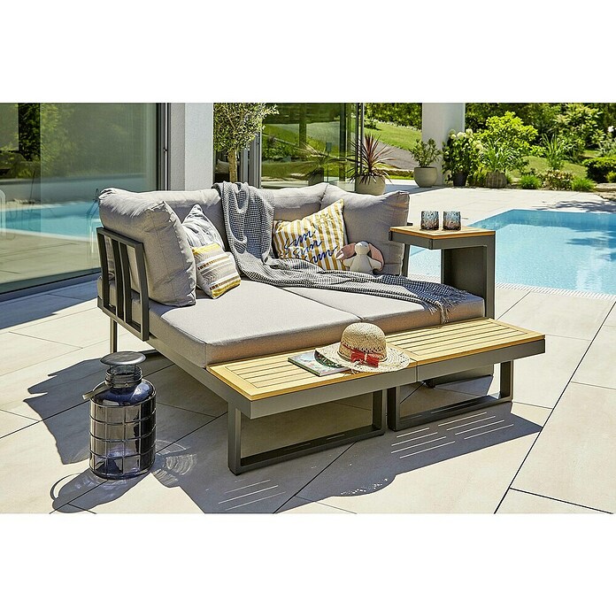 Sunfun Conjunto de muebles Keyla (3 pzs., Madera de acacia/Aluminio, Gris/Negro) | BAUHAUS