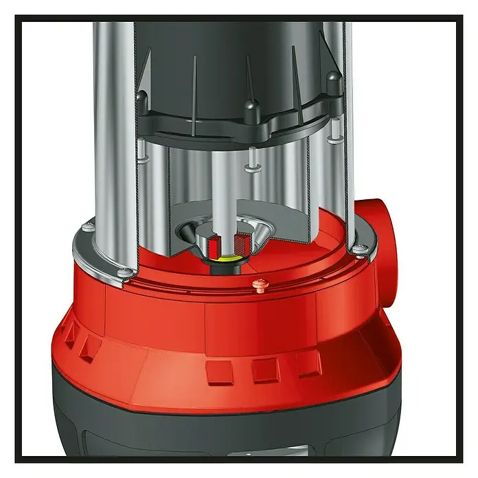Einhell Schmutzwasserpumpe GC-DP 7835 - 780 W, Max. Fördermenge: 15.700 l/h, Eintauchtiefe: 7 m - Illustration einer Tauchpumpe mit rotem Gehäuse und schwarzem Motor, teilweise transparent dargestellt.