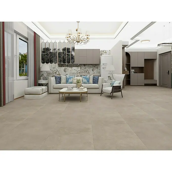 Vinylbodenmuster Rigid Fliese Marbella - 297 x 180 x 5,5 mm, Steinoptik - Elegantes Wohnzimmer mit beigefarbenem Fliesenboden, der Wärme und Stil ausstrahlt. Die neutralen Farbtöne schaffen eine harmonische Atmosphäre.