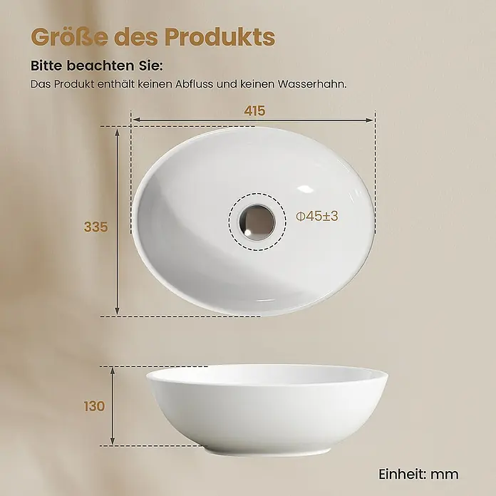 Emke Aufsatzwaschbecken Novix - 33,5 x 41,5 cm, Hahnloch: Ohne, Ohne Überlauf, Weiß - Produktgrößenangabe: Das Bild zeigt ein weißes Aufsatzwaschbecken mit den Maßen 415 x 335 x 130 mm und einem Abflussloch von Ø45±3 mm.