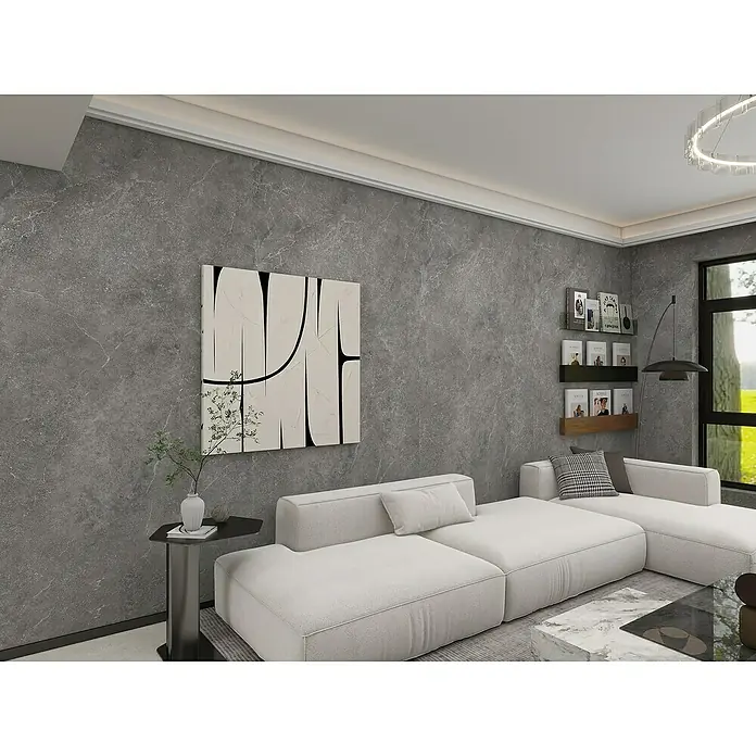 Wandpaneel Fliese Apulien - 260 cm x 90 cm x 4 mm, Anthrazit - Modernes Wohnzimmer mit modularem Sofa, abstrakter Kunst und minimalistischem Beistelltisch. Elegantes Design für ein stilvolles Zuhause.