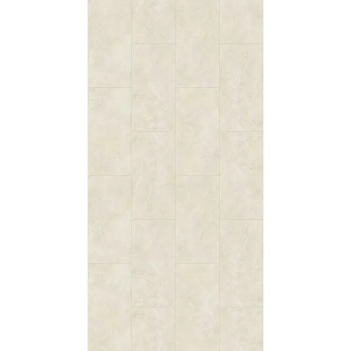 Vinylbodenmuster Rigid Fliese Palma - 297 x 180 x 5,5 mm, Steinoptik - Beige Bodenfliesen mit Marmorierung verlegt im quadratischen Raster. Die Fliesen erzeugen eine elegante und helle Oberfläche.