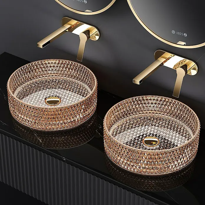 Emke Aufsatzwaschbecken Zyvex - 36 x 36 cm, Hahnloch: Ohne, Ohne Überlauf, Roségold - Zwei luxuriöse goldene Waschbecken mit edlem Design und passenden Armaturen, die jedem Badezimmer Eleganz verleihen.