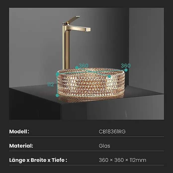 Emke Aufsatzwaschbecken Zyvex - 36 x 36 cm, Hahnloch: Ohne, Ohne Überlauf, Roségold - Produktbild eines goldenen Glaswaschbeckens mit den Maßen 360 x 360 x 112 mm.